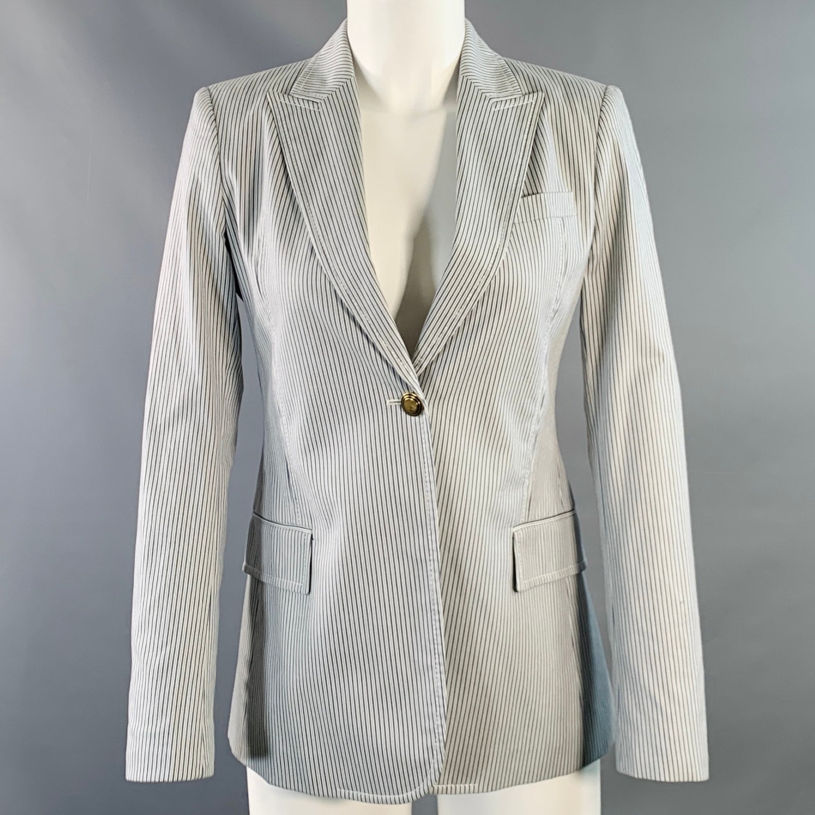 Gucci Size 4 White Grey Cotton Blend Stripe Single Button Jacket Blazer